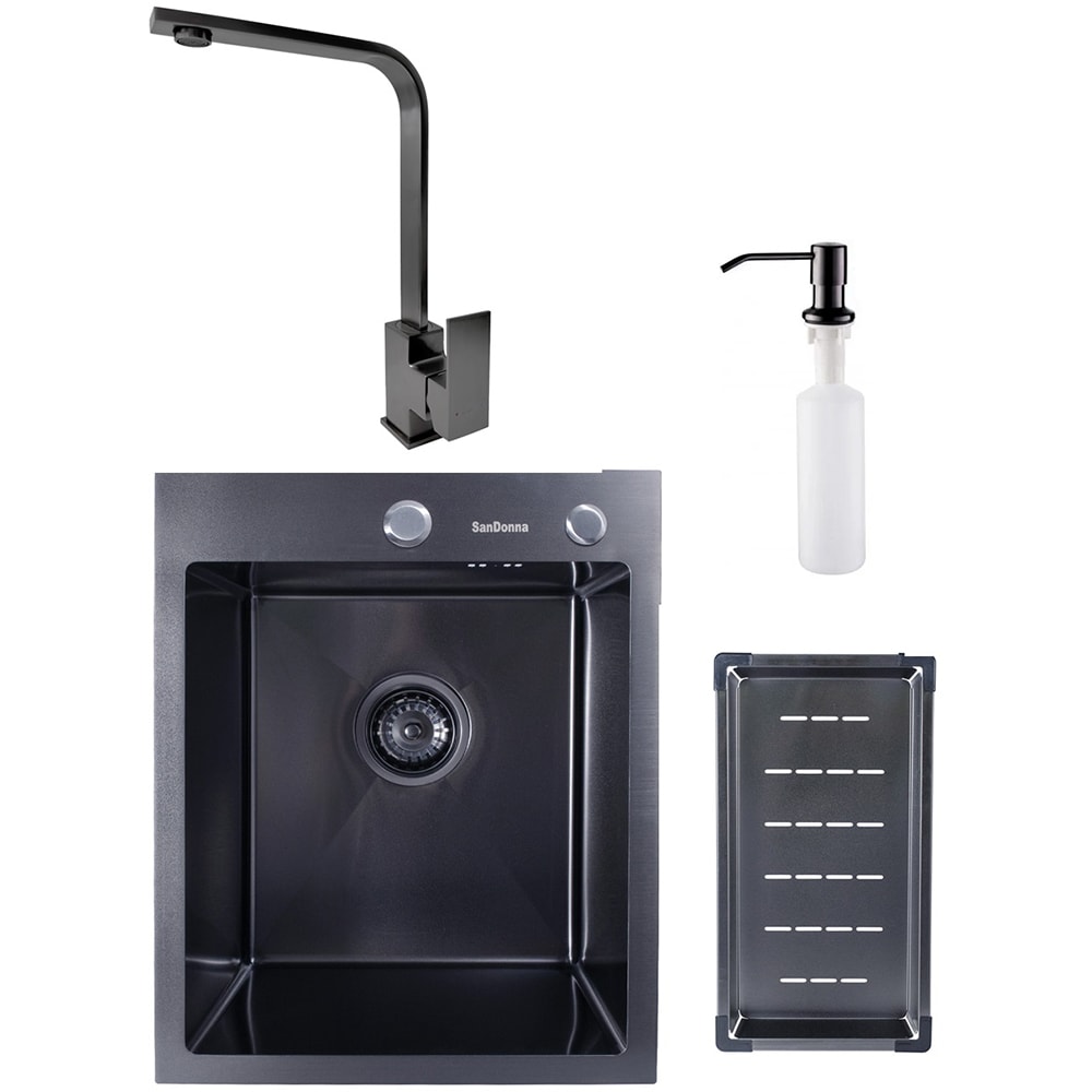 Pachet chiuveta SANDONNA HD4050, 1 cuva, inox + baterie + picurator + dozator sapun, negru