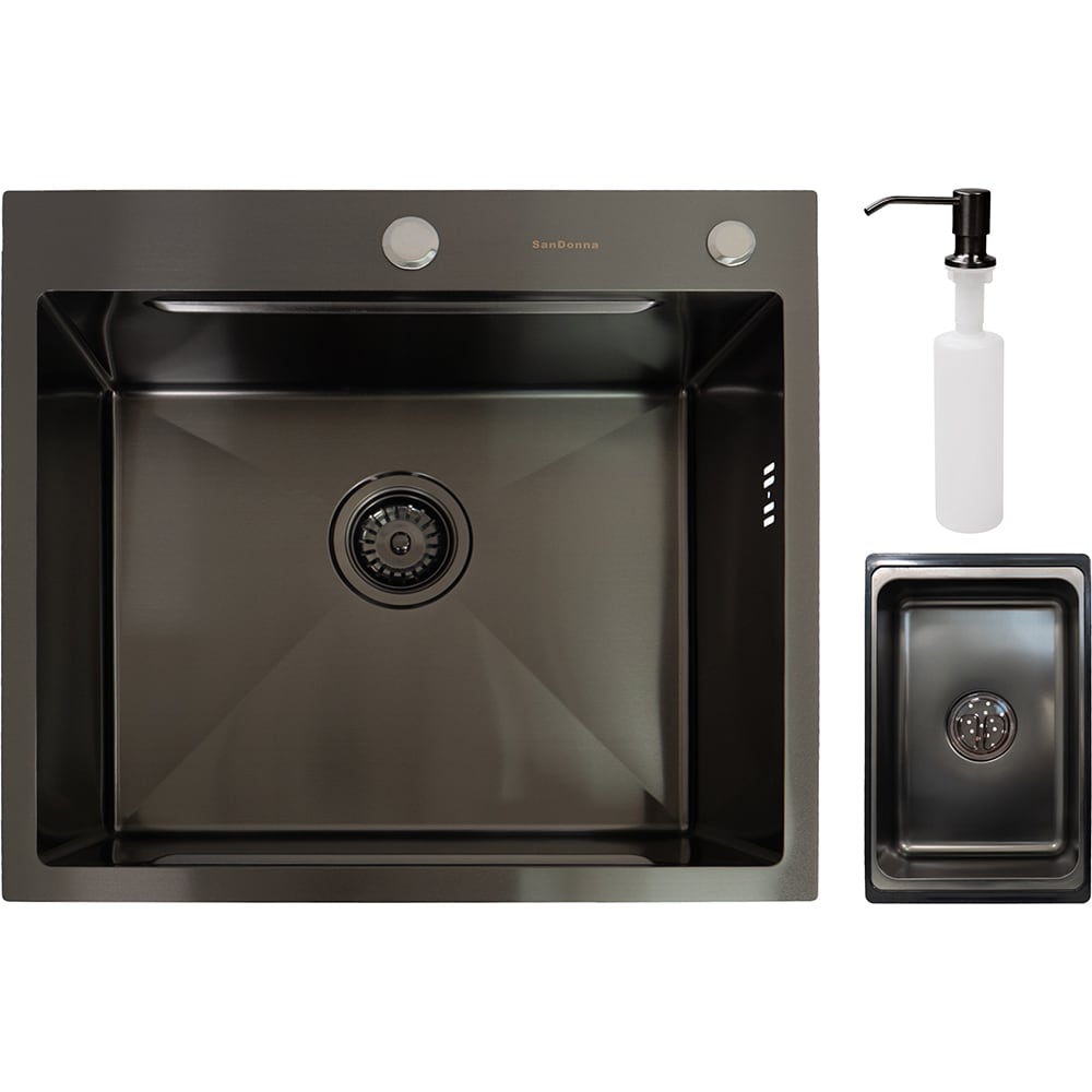 Pachet chiuveta bucatarie SANDONNA HD5550, 1 cuva, inox + picurator + dozator sapun, negru