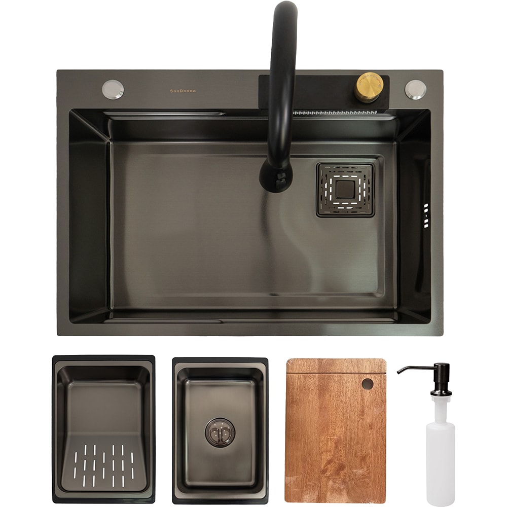 Pachet chiuveta bucatarie SANDONNA HD6850, 1 1/2 cuve, inox + baterie + accesorii, negru