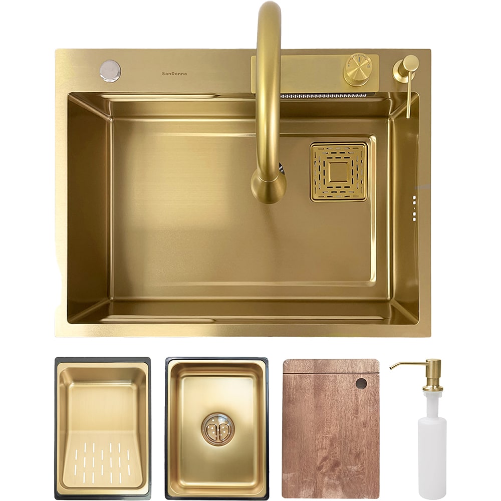 Pachet chiuveta bucatarie SANDONNA HD6850, 1 1/2 cuve, inox + baterie + accesorii, auriu