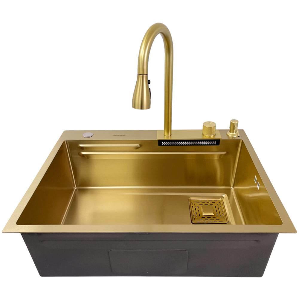 Pachet chiuveta bucatarie SANDONNA HD6850, 1 1/2 cuve, inox + baterie + accesorii, auriu