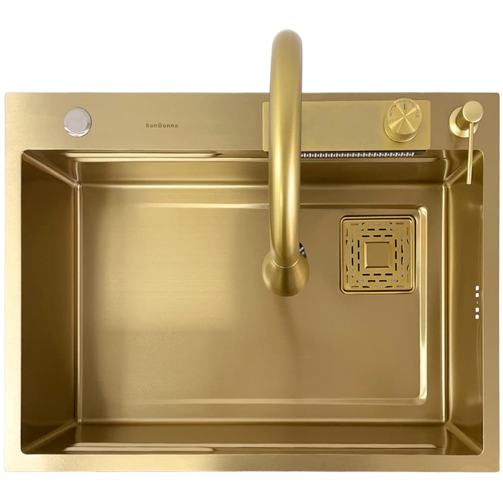 Pachet chiuveta bucatarie SANDONNA HD6850, 1 1/2 cuve, inox + baterie + accesorii, auriu