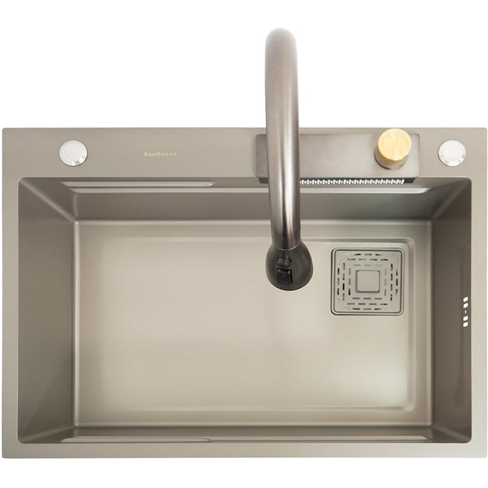 Pachet chiuveta bucatarie SANDONNA HD6850, 1 1/2 cuve, inox + baterie + accesorii, gri