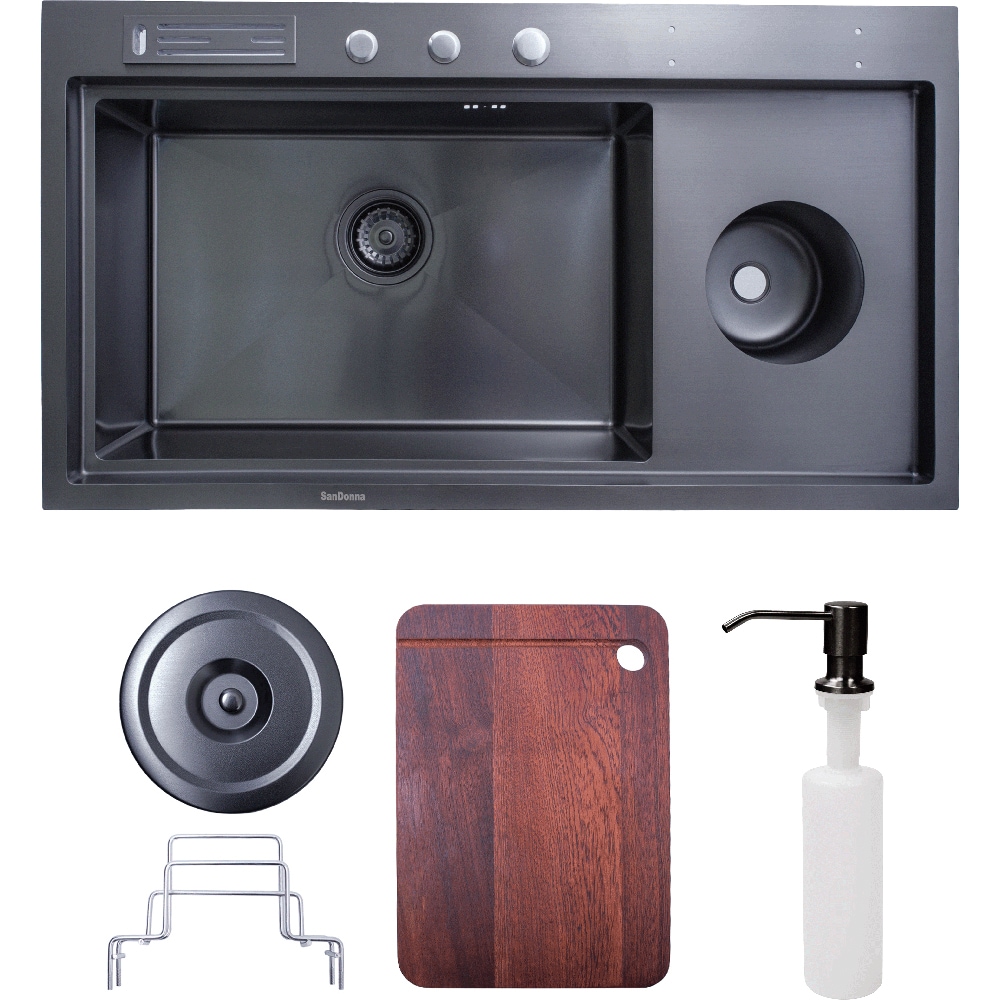 Pachet chiuveta bucatarie SANDONNA HD9250, 1 1/2 cuve, inox + tocator + dozator sapun + suport tacamuri, negru