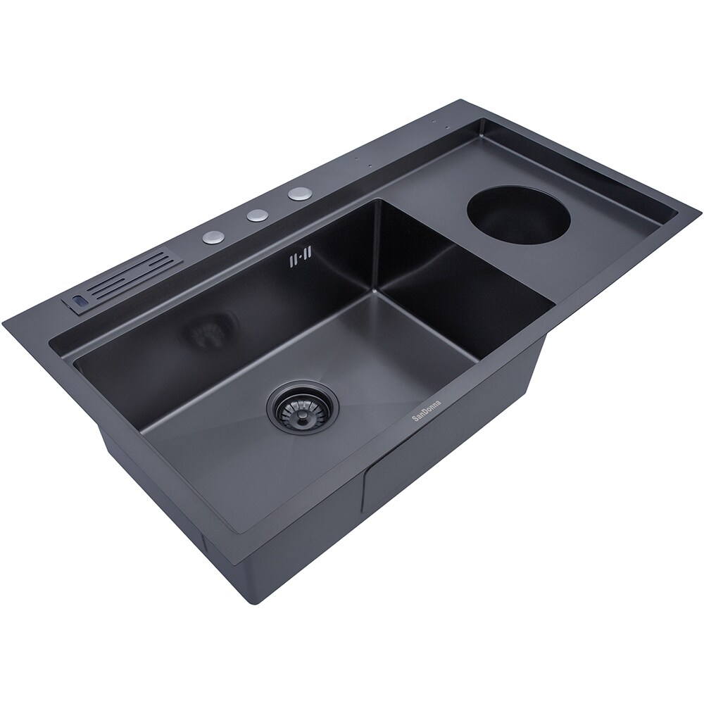 Pachet chiuveta bucatarie SANDONNA HD9250, 1 1/2 cuve, inox + tocator + dozator sapun + suport tacamuri, negru