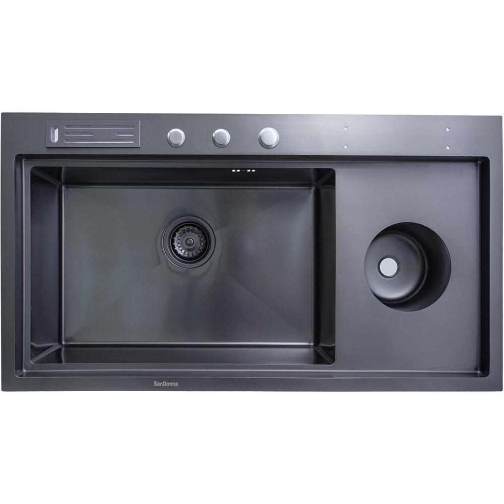 Pachet chiuveta bucatarie SANDONNA HD9250, 1 1/2 cuve, inox + tocator + dozator sapun + suport tacamuri, negru