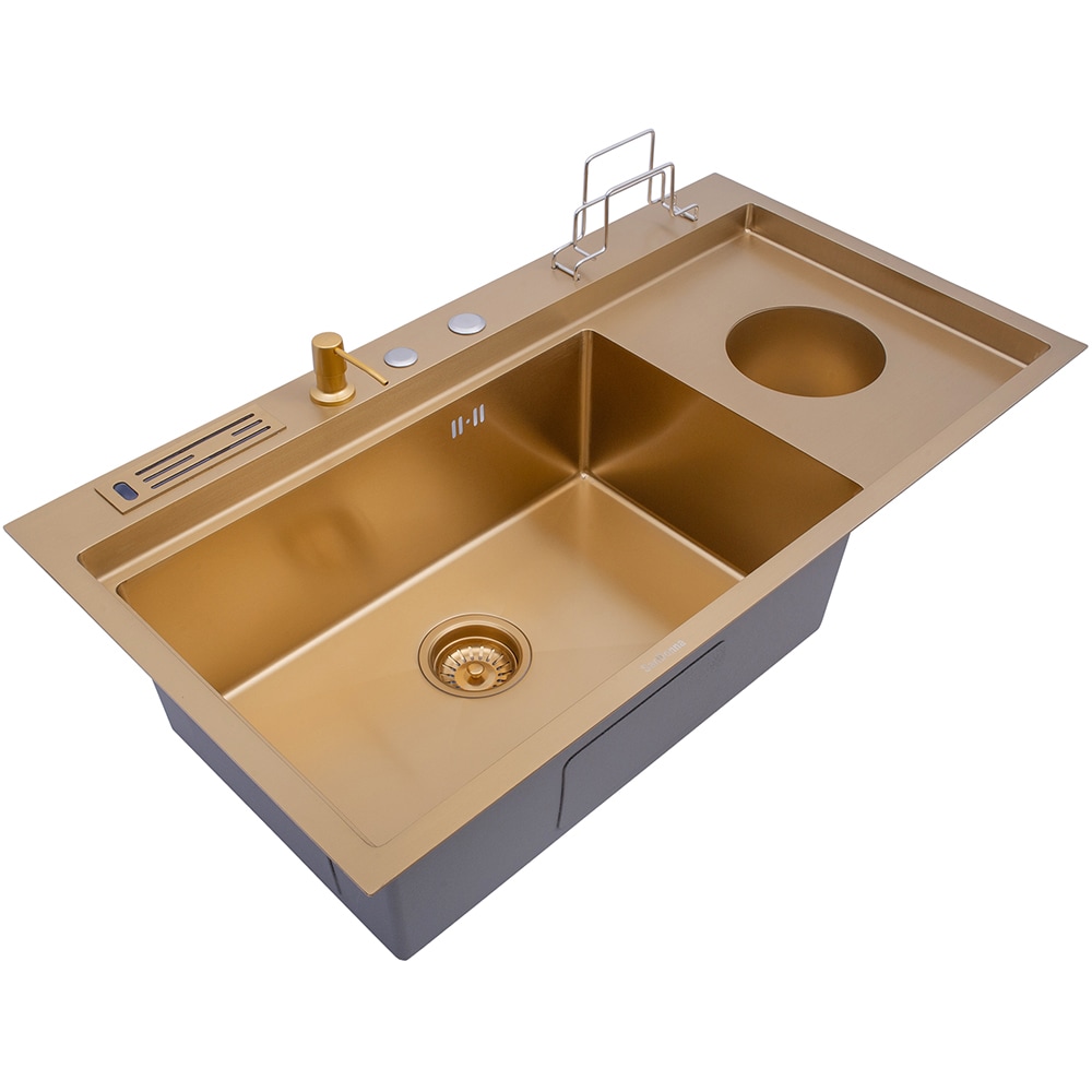 Pachet chiuveta bucatarie SANDONNA HD9250, 1 1/2 cuve, inox + tocator + dozator sapun + suport tacamuri, auriu