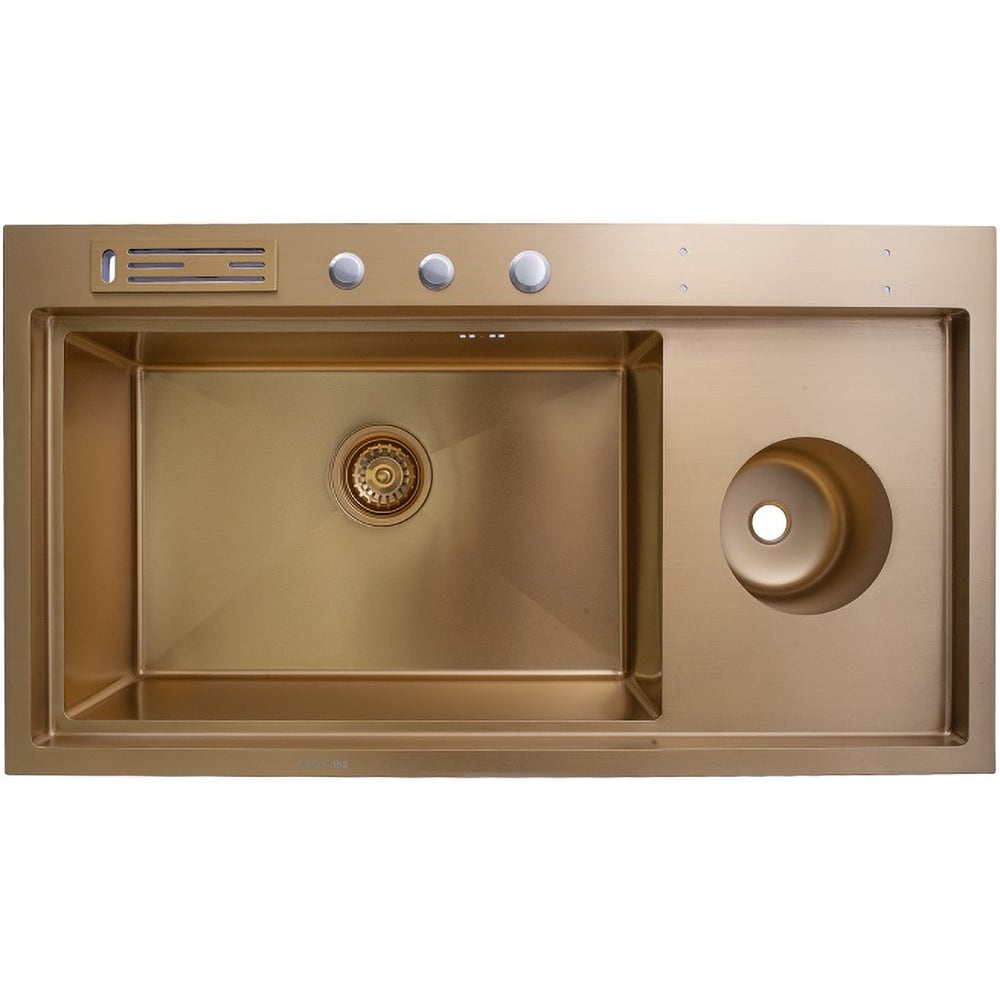 Pachet chiuveta SANDONNA HD9250, 1 1/2 cuve, inox + baterie + tocator + dozator sapun + suport tacamuri, auriu