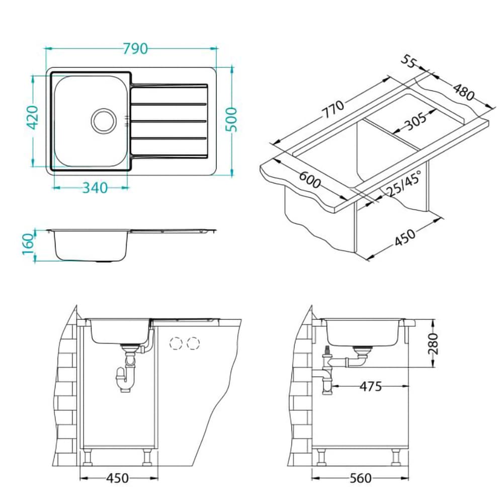 Chiuveta bucatarie ALVEUS Line 80 Leinen, cuva dreapta, inox, sifon inclus