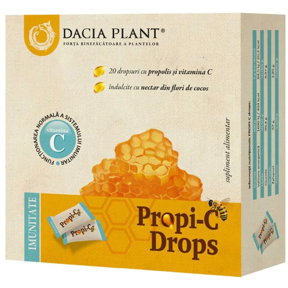 Supliment Propi-C Drops cu aroma portocale, 20 dropsuri, DACIA PLANT