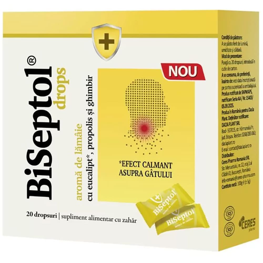 Supliment alimentar Biseptol, aroma de lamaie, 20 dropsuri, DACIA PLANT