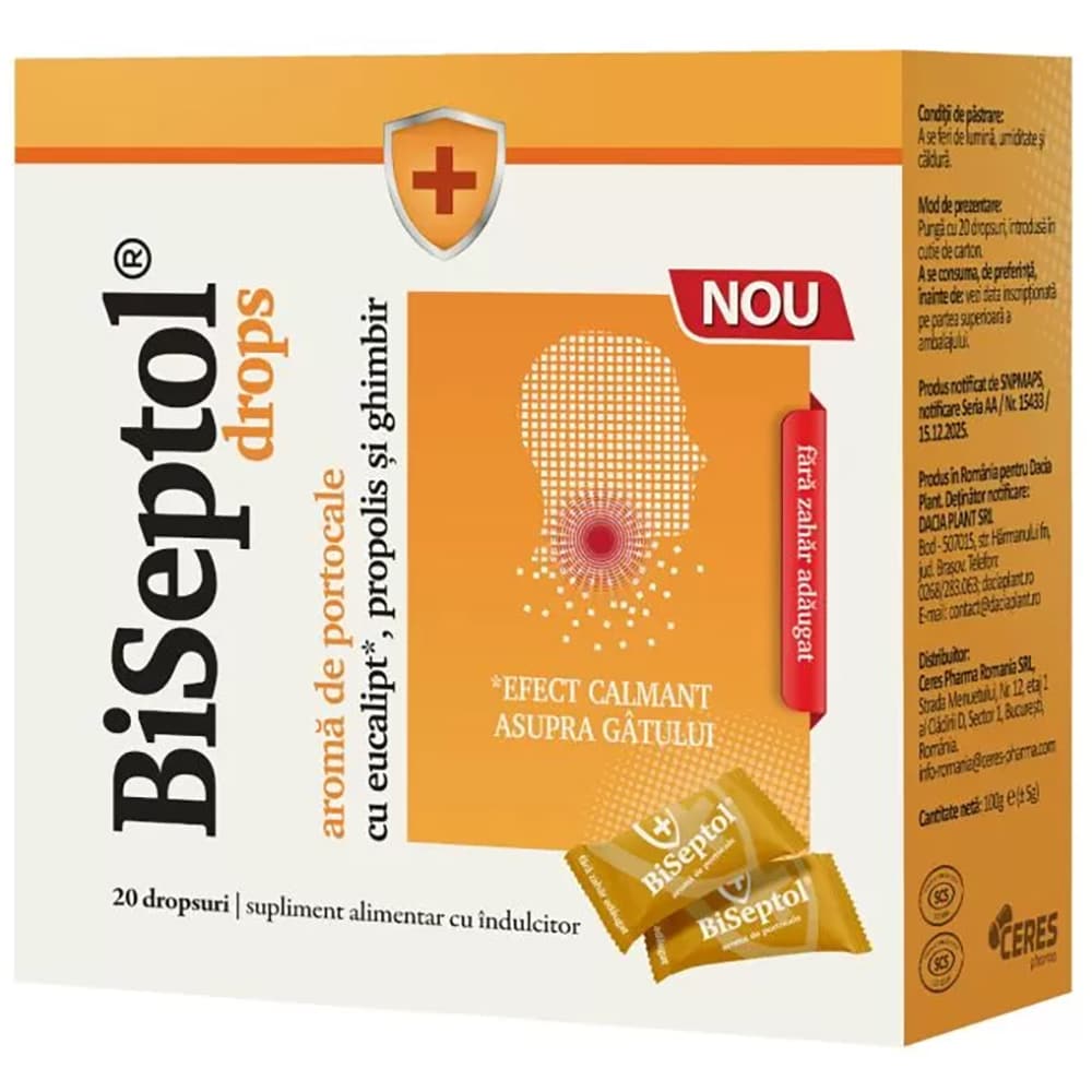 Supliment alimentar Biseptol, aroma de portocala, 20 dropsuri, DACIA PLANT