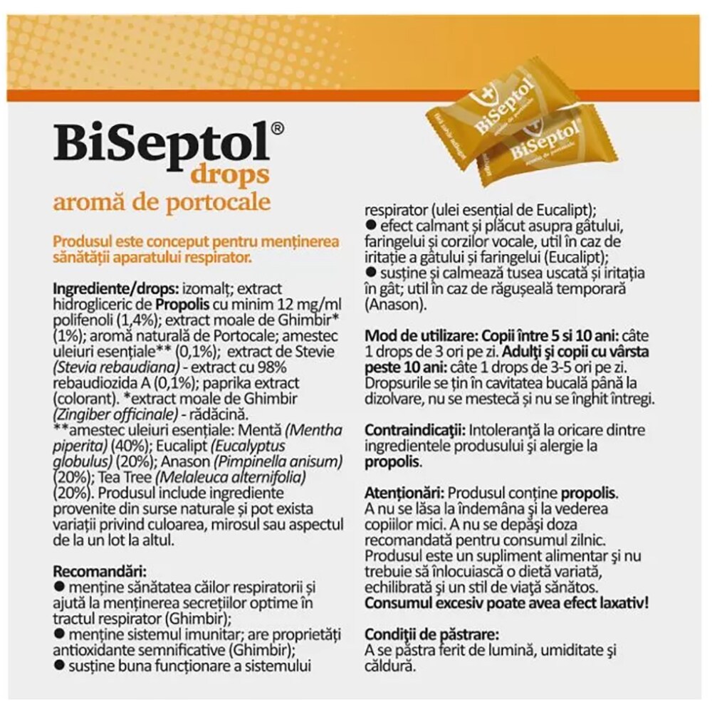 Supliment alimentar Biseptol, aroma de portocala, 20 dropsuri, DACIA PLANT