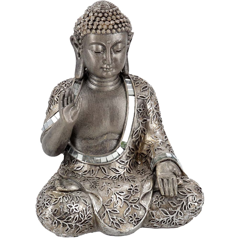 Statueta decorativa Buddha Funshi, rasina, 10 x 15 x 19 cm, argintiu