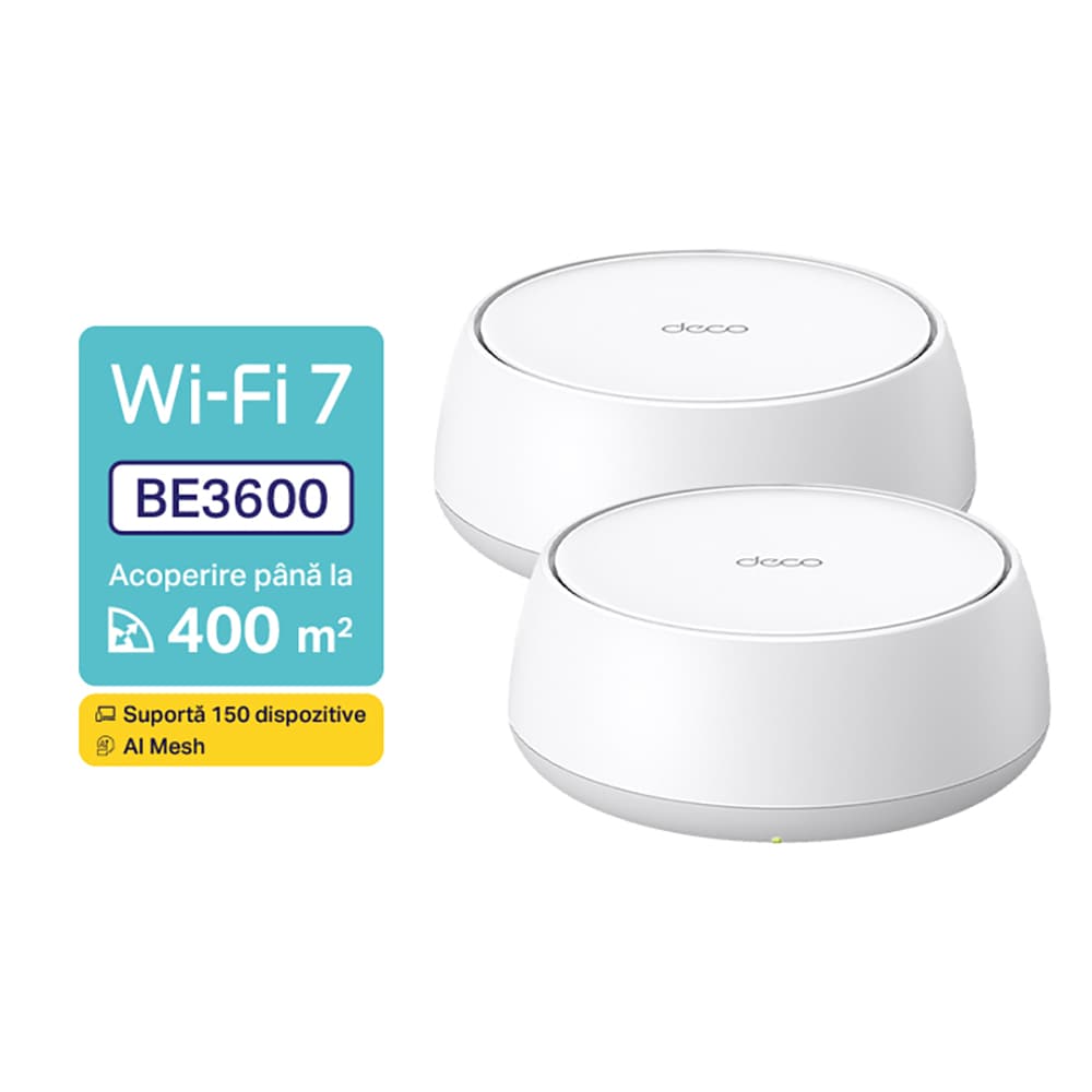 Sistem Wireless Mesh Gigabit TP-LINK Deco BE22 BE3600, Wi-Fi 7, Dual Band 688 + 2882 Mbps, 2 buc, alb