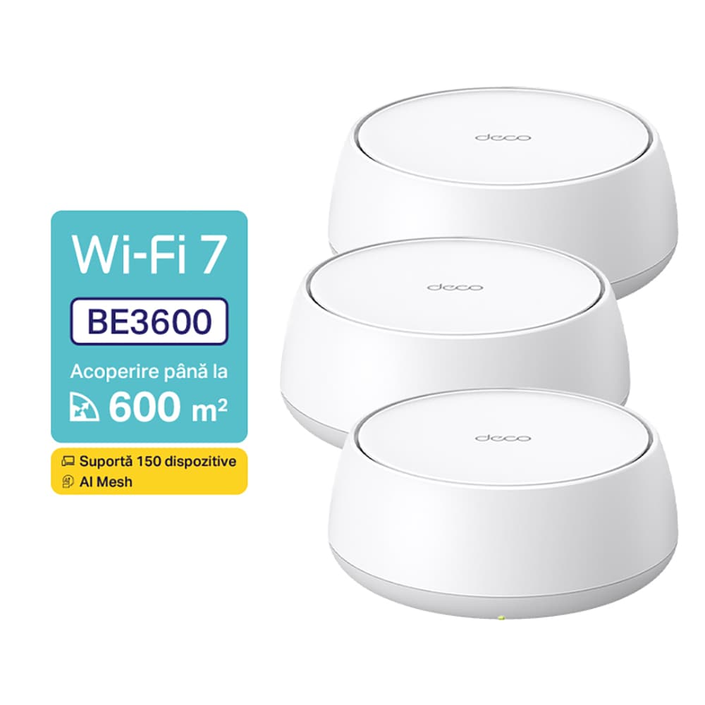 Sistem Wireless Mesh Gigabit TP-LINK Deco BE22 BE3600, Wi-Fi 7, Dual Band 688 + 2882 Mbps, 3 buc, alb