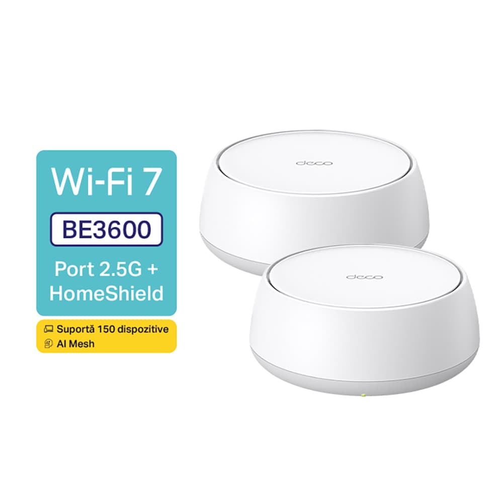 Sistem Wireless Mesh Gigabit TP-LINK Deco BE25 BE3600, Wi-Fi 7, Dual Band 688 + 2882 Mbps, 2 buc, alb