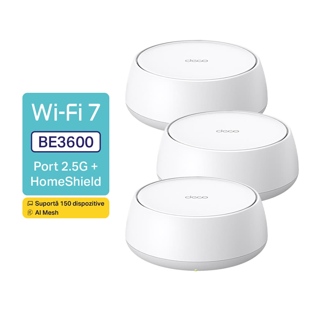 Sistem Wireless Mesh Gigabit TP-LINK Deco BE25 BE3600, Wi-Fi 7, Dual Band 688 + 2882 Mbps, 3 buc, alb