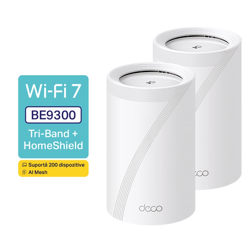 Sistem Wireless Mesh TP-LINK Deco BE65 BE9300, Tri-Band 574 + 2880 + 5760 Mbps, 2 buc, alb