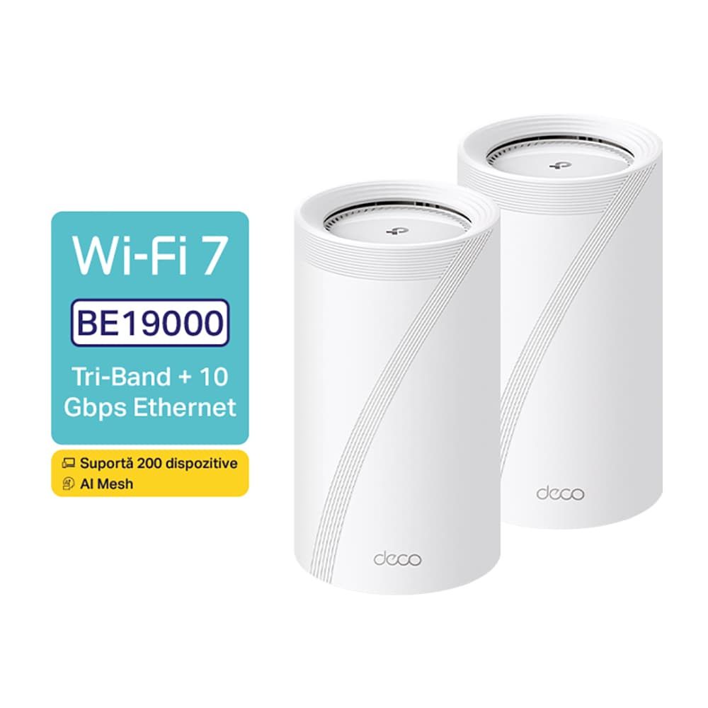 Sistem Wireless Mesh TP-Link Deco BE85 BE19000, Tri-Band 1376 + 5760 + 11520 Mbps, 2 bucati, alb