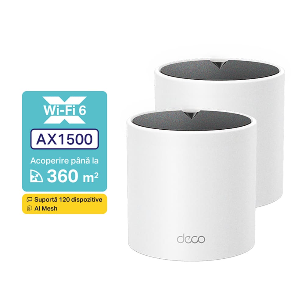 Sistem Wireless Mesh TP-LINK Deco X1500 AX 1500, Dual-Band 300 + 1201 Mbps, 2 buc, alb 