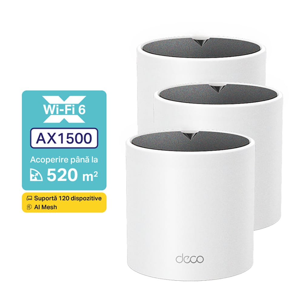 Sistem Wireless Mesh TP-LINK Deco X1500 AX1500, Dual-Band 300 + 1201 Mbps, 3 buc, alb