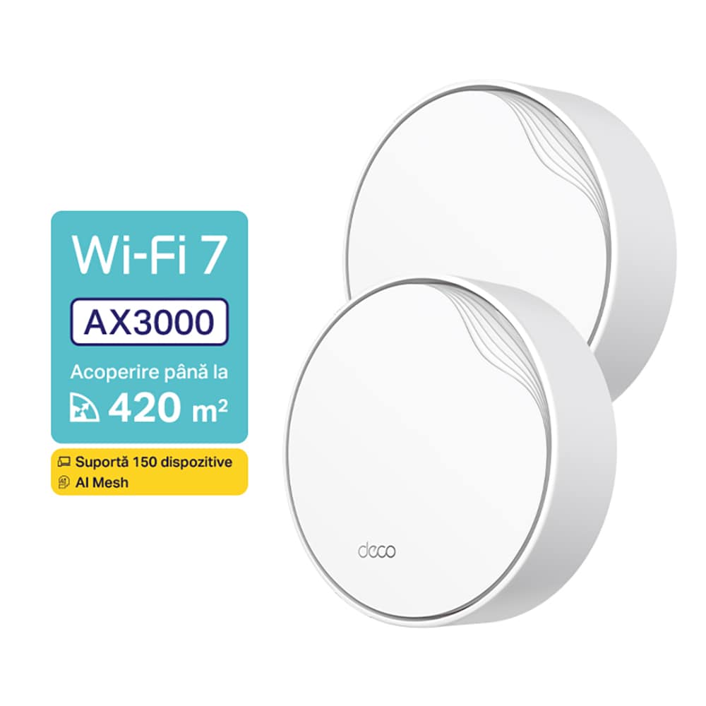 Sistem Wireless Mesh Gigabit TP-LINK Deco X50-PoE AX3000, WI-Fi 6, Dual Band 574 + 2402 Mbps, 2 Buc, alb