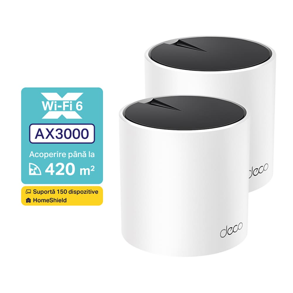 Sistem Wireless Mesh TP-LINK Deco X55 AX3000, Wi-Fi 6, Dual-Band 574 + 2402 Mbps, 2 buc, alb