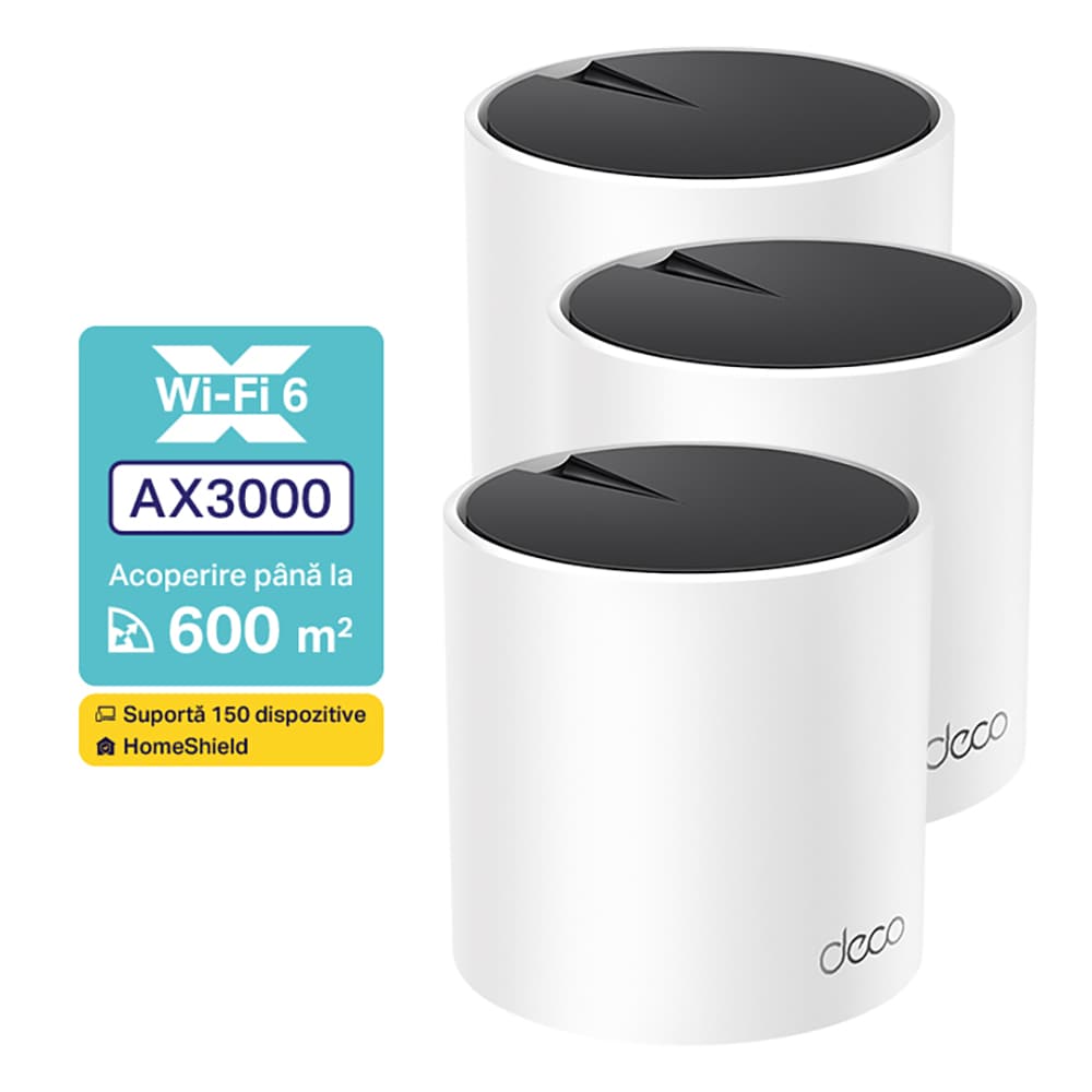 Sistem Wireless Mesh TP-LINK Deco X55 AX3000, Wi-Fi 6, Dual-Band 574 + 2402 Mbps, 3 buc, alb