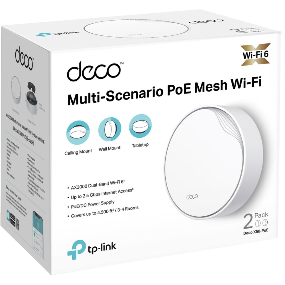 Sistem Wireless Mesh Gigabit TP-LINK Deco X50-PoE AX3000, WI-Fi 6, Dual Band 574 + 2402 Mbps, 2 Buc, alb