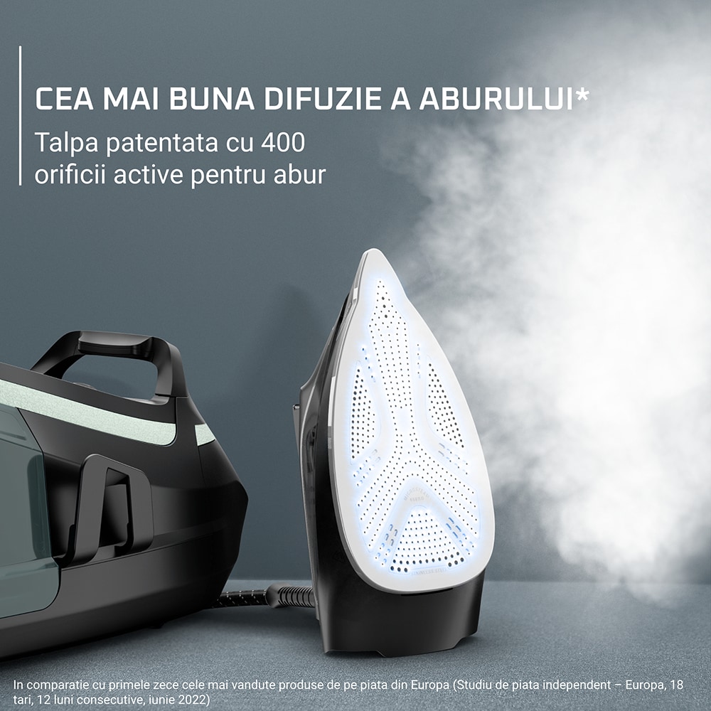 Statie de calcat ROWENTA Eco Steam Pro DG9621F0, 2800W, 500g/min, 1300ml, talpa Microsteam 400 Laser, negru-argintiu
