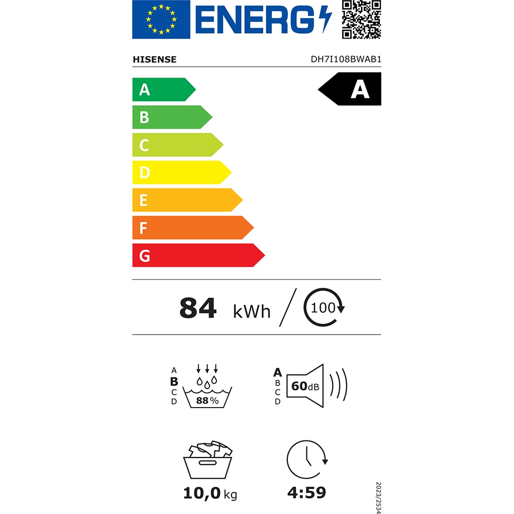 Uscator de rufe HISENSE DH7I108BWAB1, Pompa de caldura, 10 kg, 20 programe, Clasa A, alb
