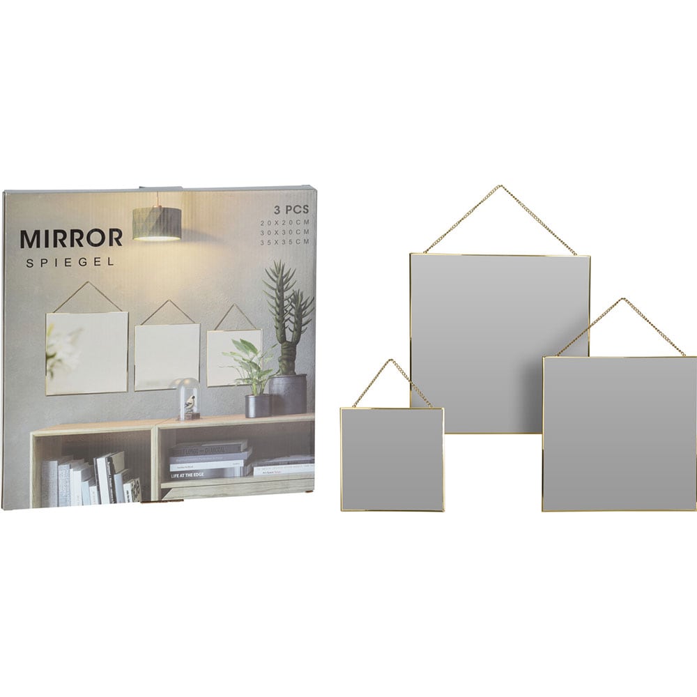 Set 3 oglinzi decorative KI, 20 x 20 cm, 30 x 30 cm, 35 x 35 cm, auriu
