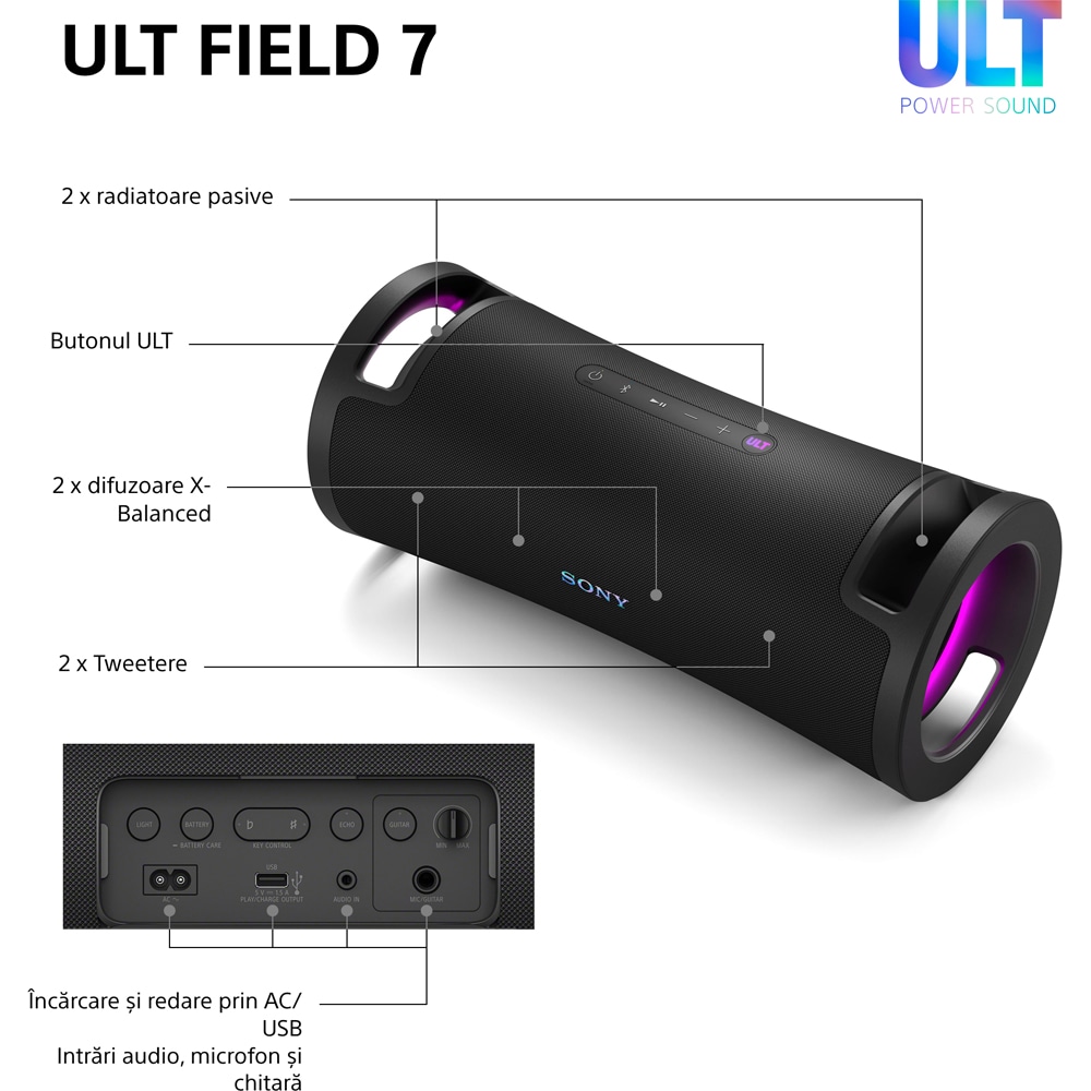 Boxa portabila SONY ULT FIELD 7 SRS-ULT70B, Bluetooth, IP67, Black