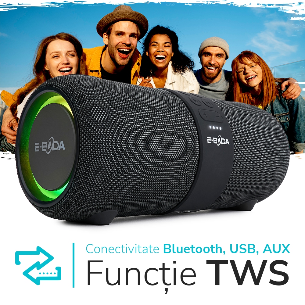 Boxa portabila E-BODA The Vibe 310, Bluetooth, USB, Jack 3.5mm, Radio FM, negru
