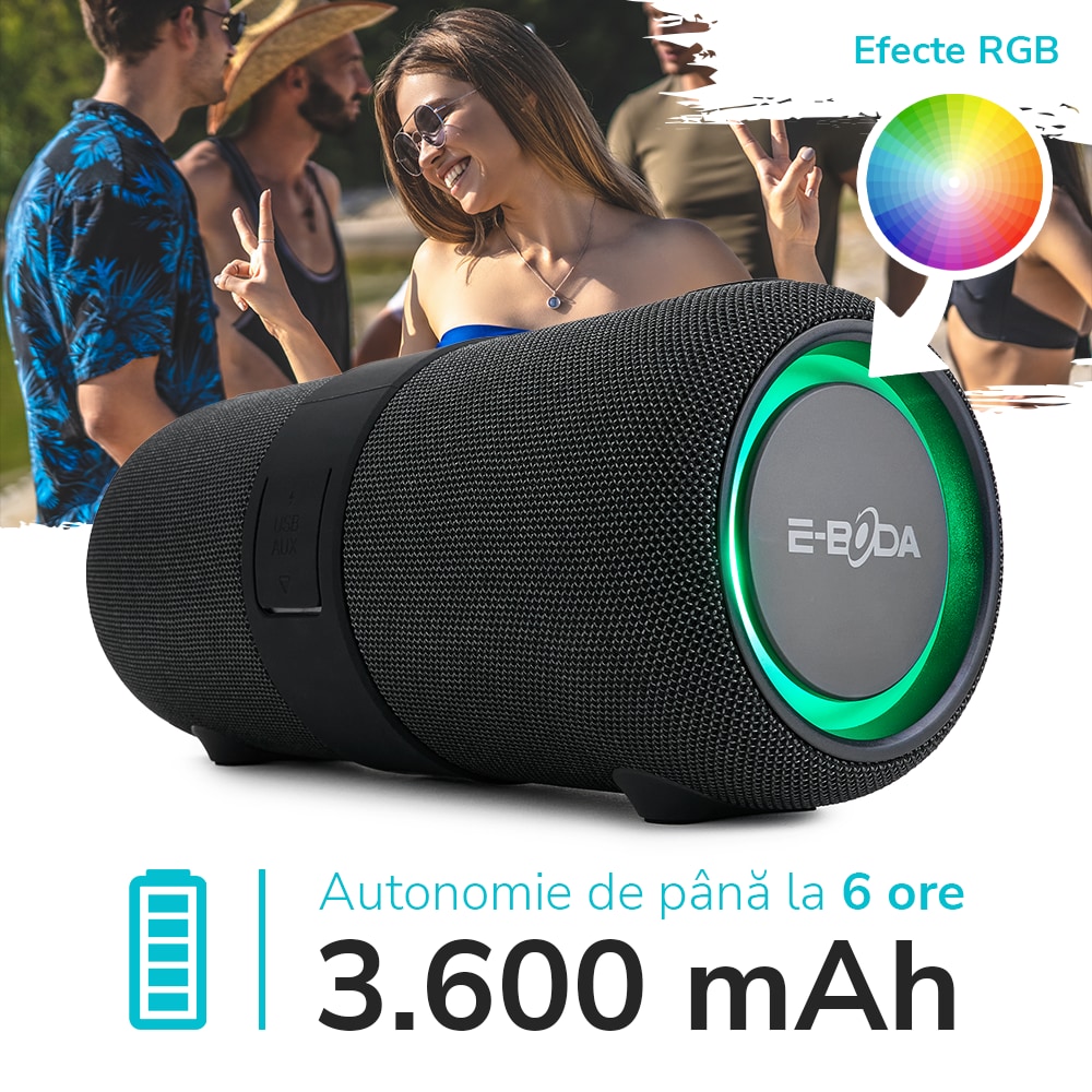 Boxa portabila E-BODA The Vibe 310, Bluetooth, USB, Jack 3.5mm, Radio FM, negru