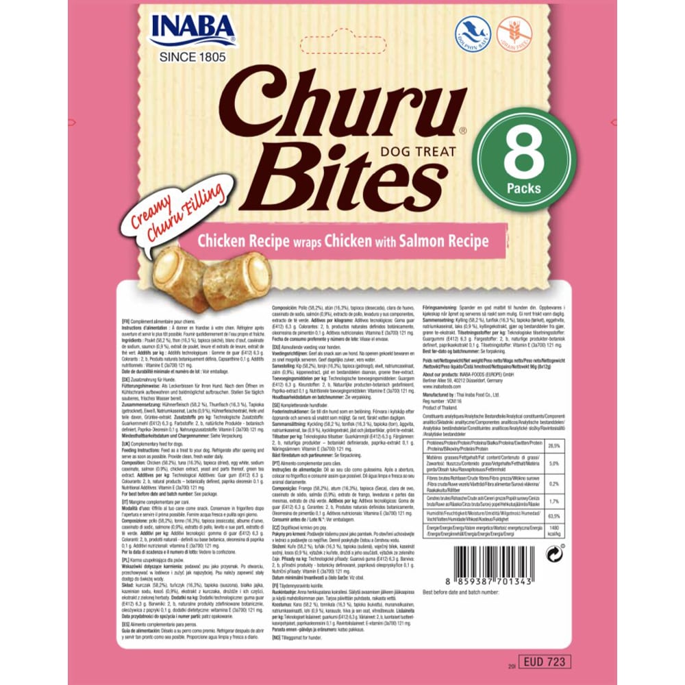 Recompense pentru caini INABA Churu Bites, Pui si Somon, 8 x 12g