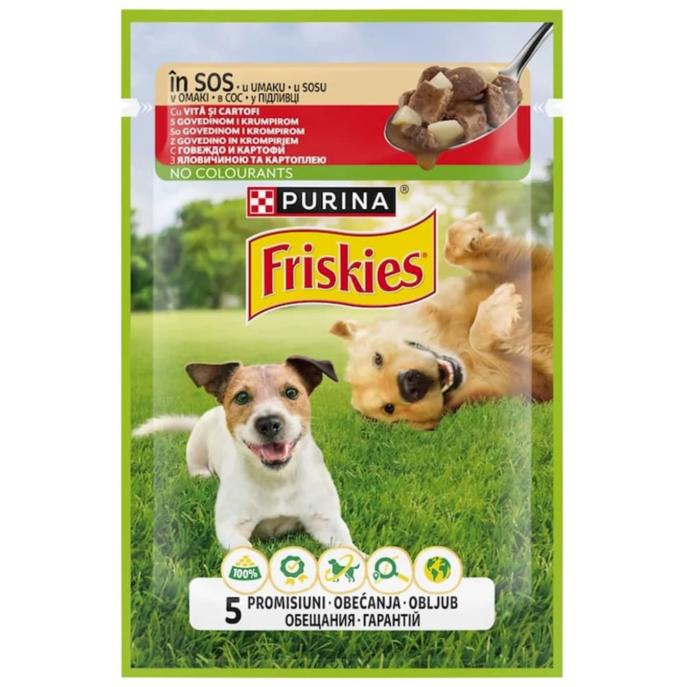 Hrana umeda pentru caini FRISKIES, Adult, Vita si cartofi in sos, 26 x 85g