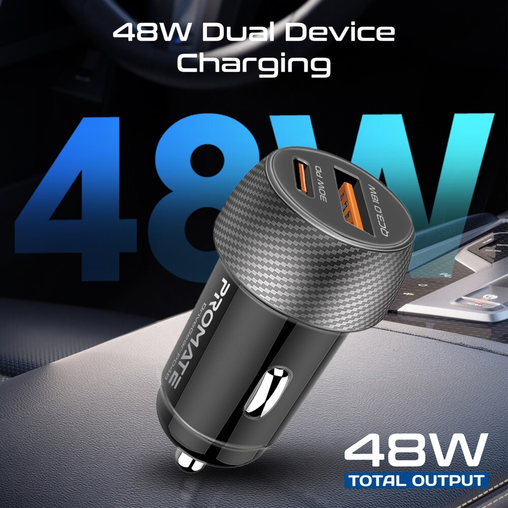 Incarcator auto PROMATE Drivegear-PD48-CC, 1x USB-C, 1x USB-A, negru