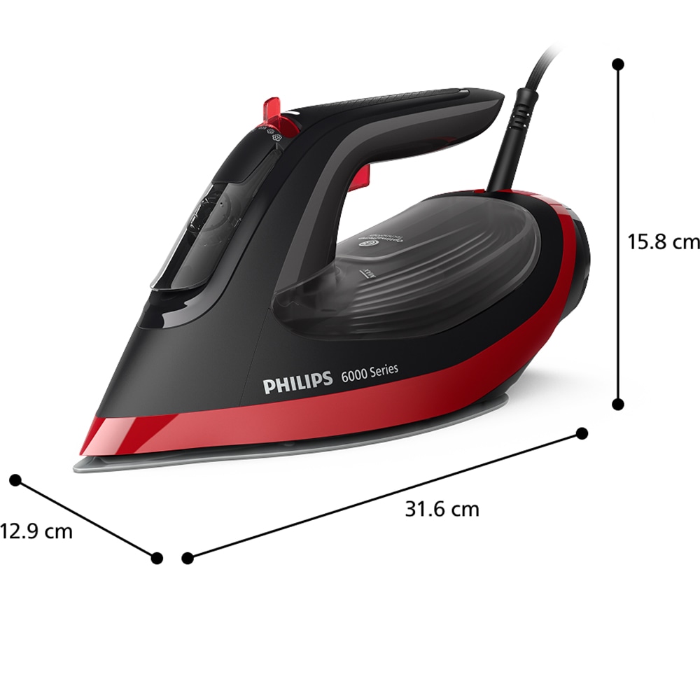 Fier de calcat PHILIPS Seria 6000 DST6130/40, 2800W, 220g/min, 220ml, talpa SteamGlide Plus, negru-rosu