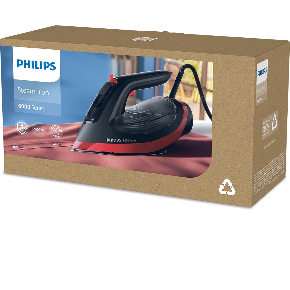 Fier de calcat PHILIPS Seria 6000 DST6130/40, 2800W, 220g/min, 220ml, talpa SteamGlide Plus, negru-rosu