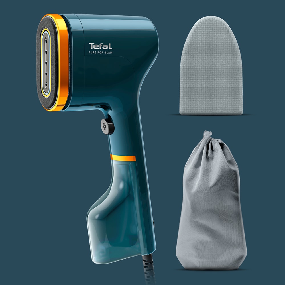 Aparat de calcat vertical TEFAL Pure Pop Glam DT2050F0, 1300W, 20g/min, 120ml, talpa ceramica, albastru-portocaliu