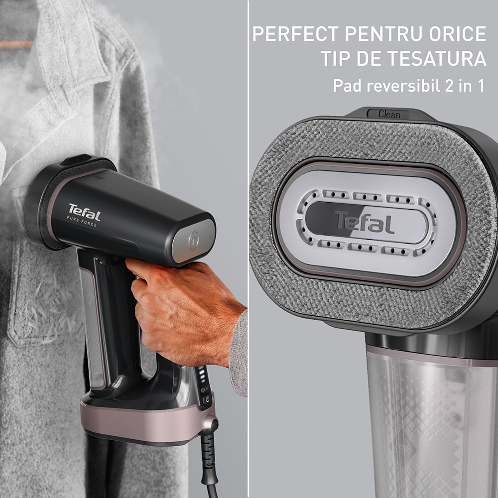 Aparat de calcat vertical TEFAL Pure Force DT8765E0, 1800W, 90g/min, 70ml, talpa ceramica, roz-gri