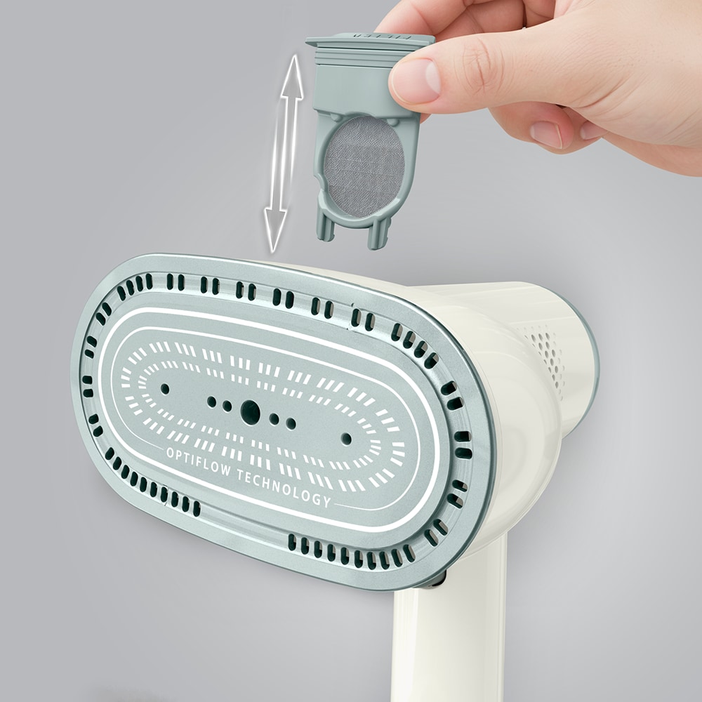 Aparat de calcat vertical TEFAL AeroSteam S DT9322E0, 1300W, 20g/min, 180ml, talpa ceramica, crem-verde