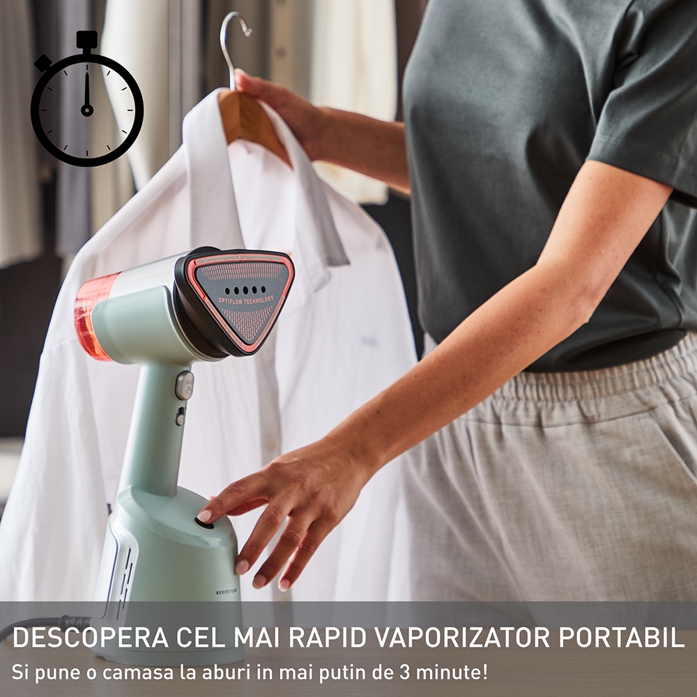 Aparat de calcat vertical cu abur Tefal AeroSteam DT9814F0, 1400W, 90g/min, 100ml, talpa ceramica, alb-roz