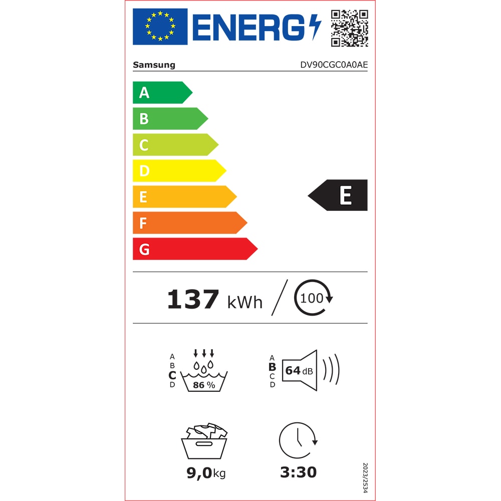 Uscator de rufe SAMSUNG DV90CGC0A0AELE, Pompa de caldura, AI Control, 9 kg, 14 programe, Clasa E, alb