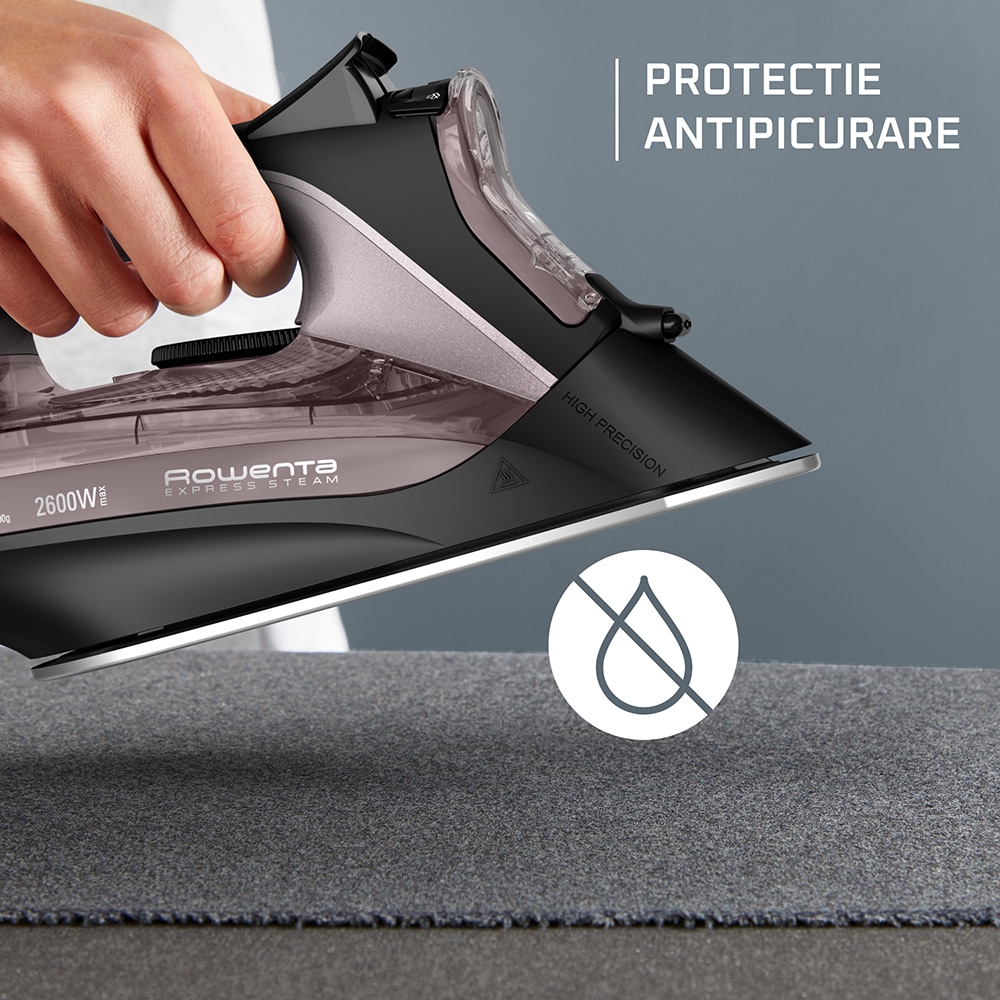 Fier de calcat ROWENTA Express DW4345D1, 2600W, 200g/min, 250ml, talpa Microsteam 350 Laser, negru-roz
