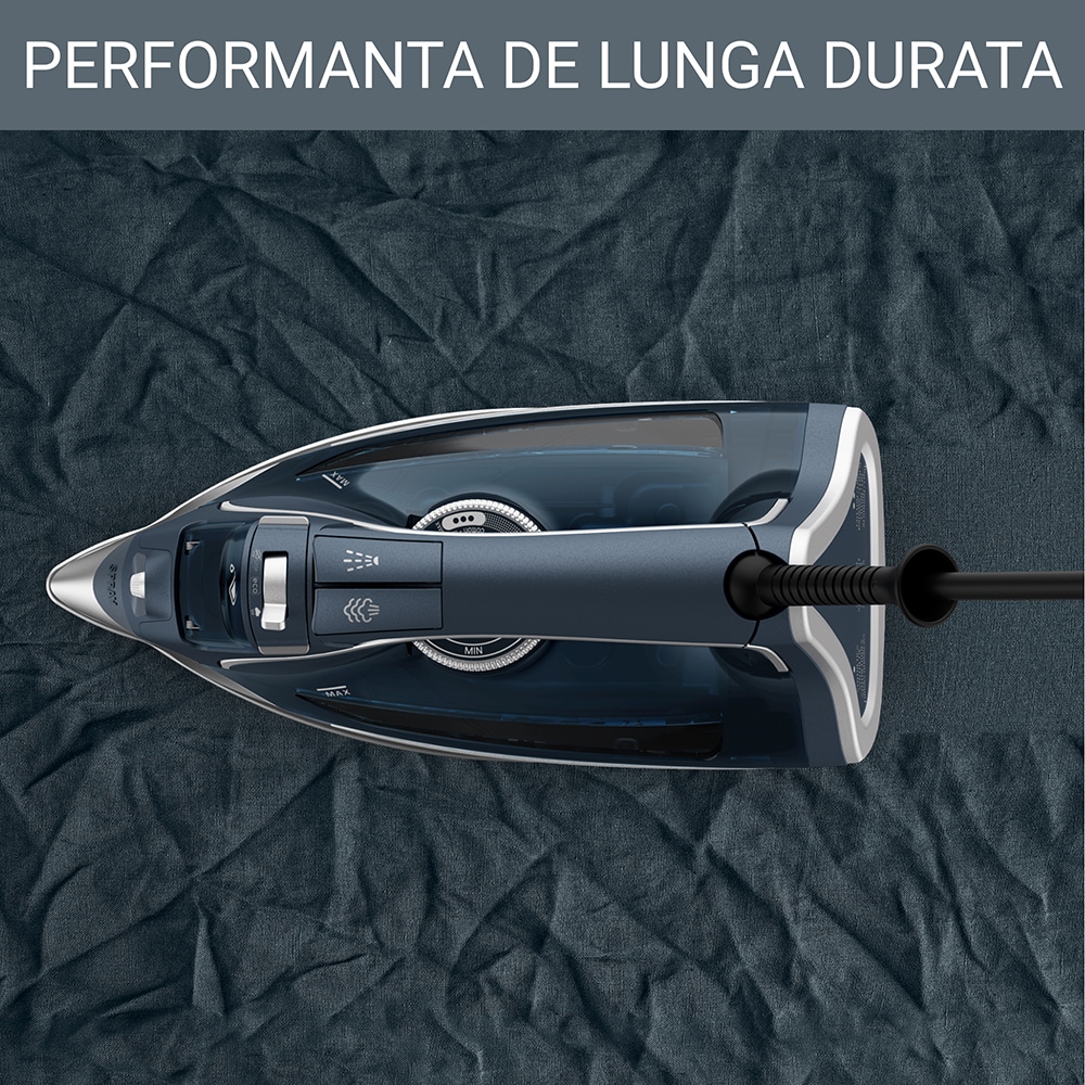 Fier de calcat ROWENTA Pro Master DW8221D1, 2800W, 200g/min, 310ml, talpa Microsteam 400 Laser, albastru inchis-argintiu