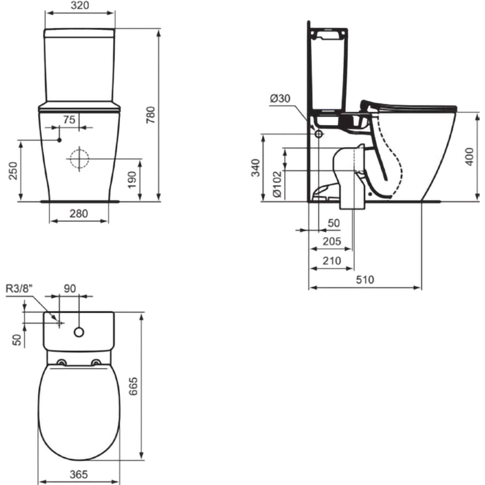 Set vas WC IDEAL STANDARD Connect E234601, ceramica, evacuare orizontala, rezervor 3/6l, capac SoftClose, alb