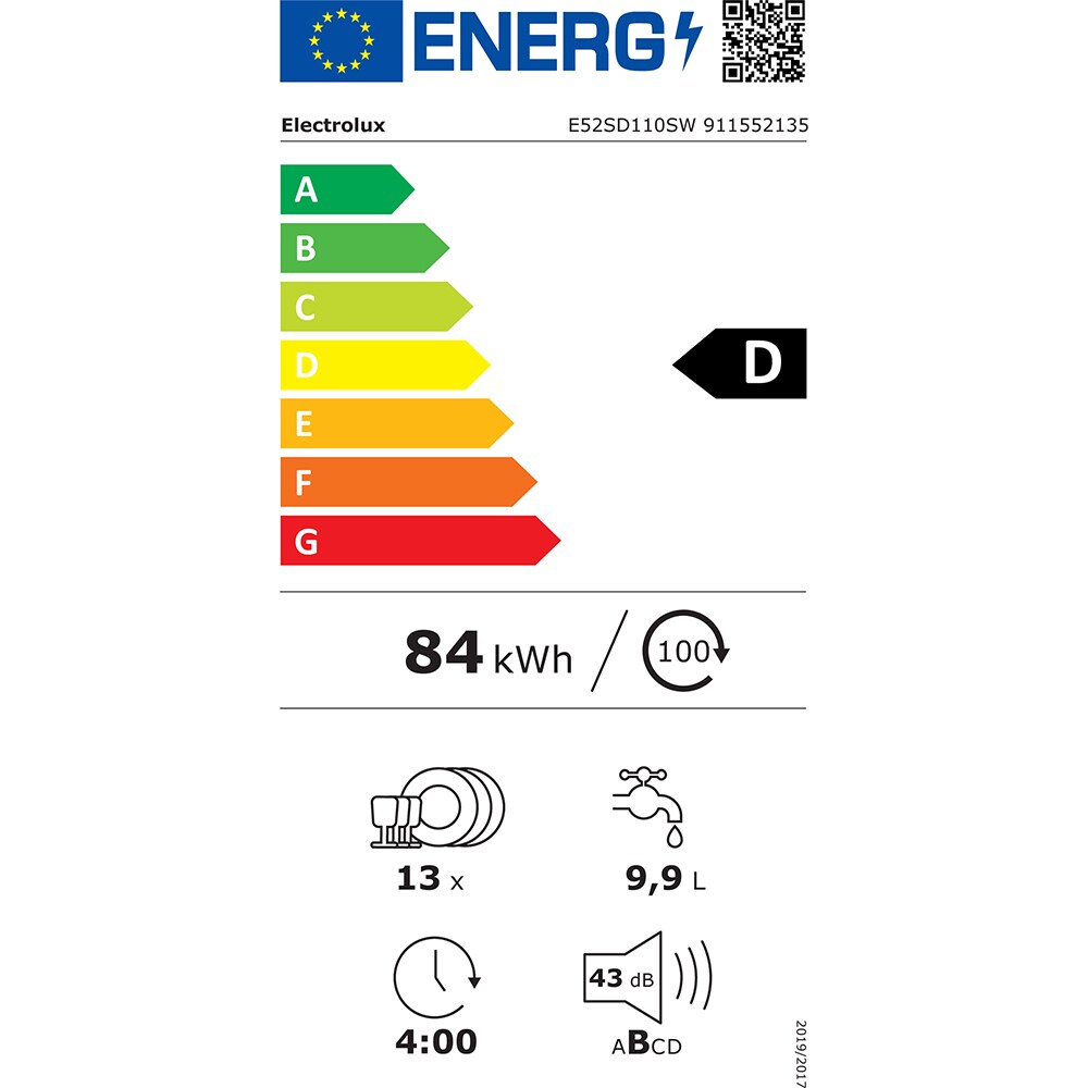 Masina de spalat vase independenta ELECTROLUX E52SD110SW, AirDry, 13 seturi, 8 programe, 60 cm, Clasa D, alb